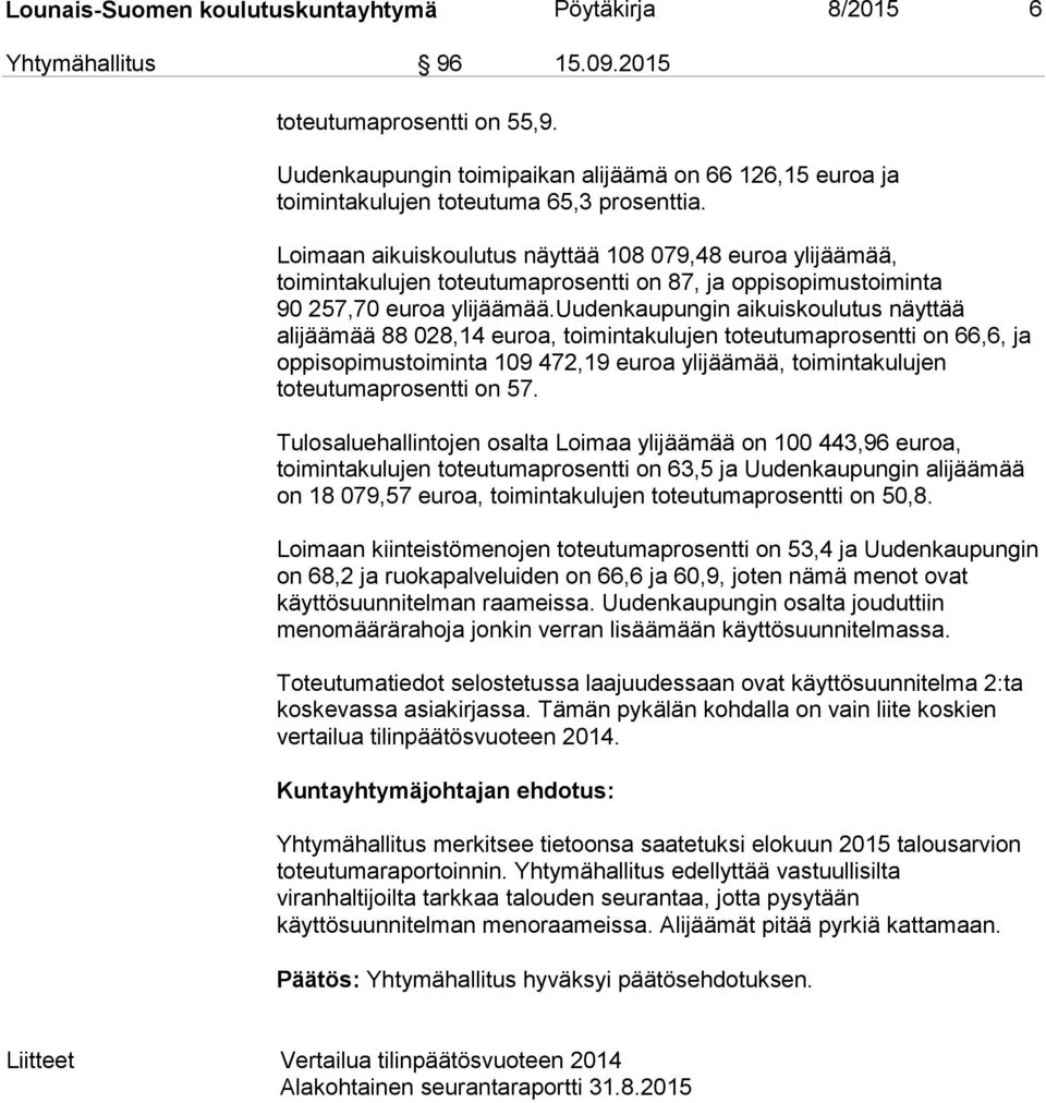 Loimaan aikuiskoulutus näyttää 108 079,48 euroa ylijäämää, toimintakulujen toteutumaprosentti on 87, ja oppisopimustoiminta 90 257,70 euroa ylijäämää.