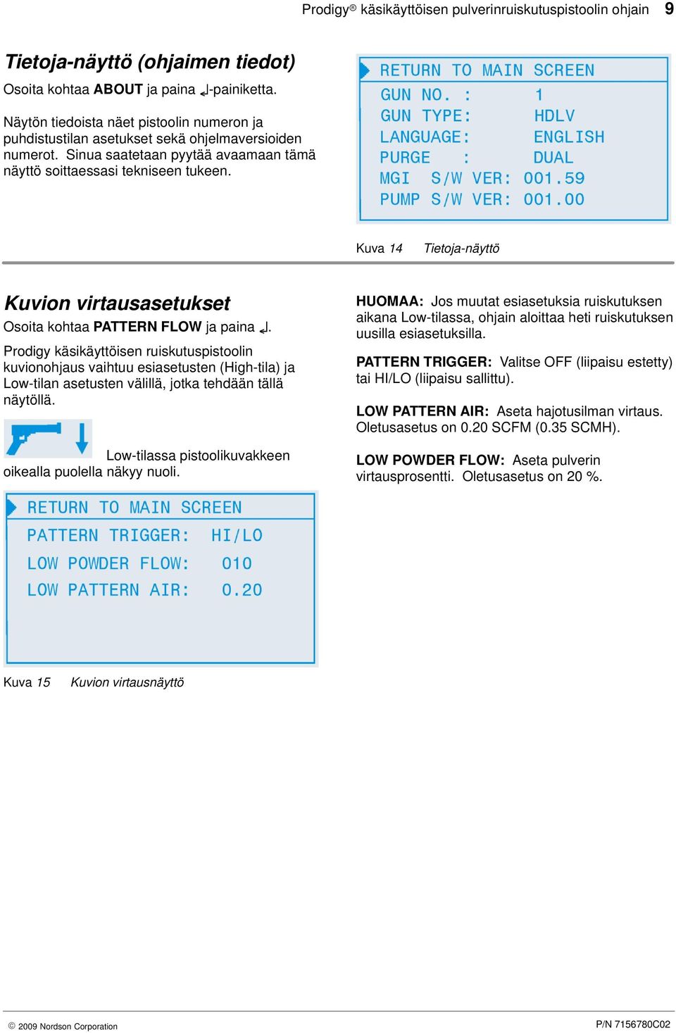 Kuva 14 Tietoja-näyttö Kuvion virtausasetukset Osoita kohtaa PATTERN FLOW ja paina.