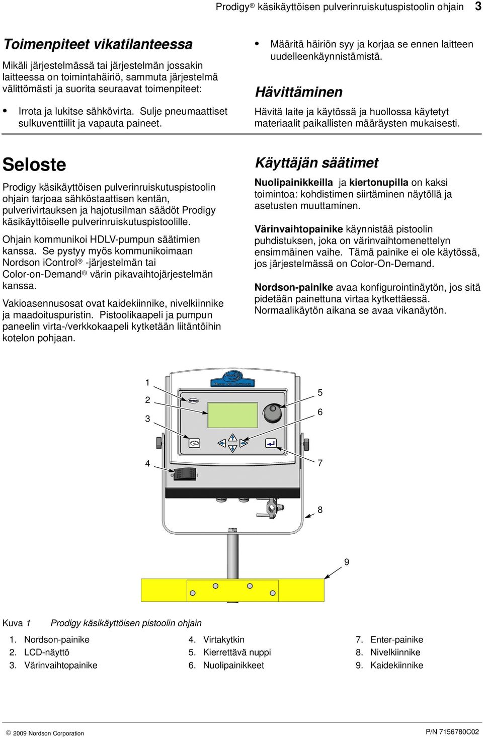 Hävittäminen Hävitä laite ja käytössä ja huollossa käytetyt materiaalit paikallisten määräysten mukaisesti.