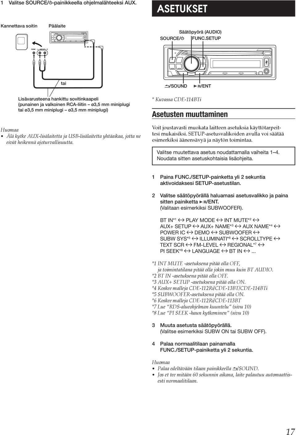 5ø mm miniplugs). miniplugi ø3,5 mm miniplugi) Älä kytke AUX-lisälaitetta ja USB-lisälaitetta yhtäaikaa, jotta ne eivät heikennä ajoturvallisuutta.