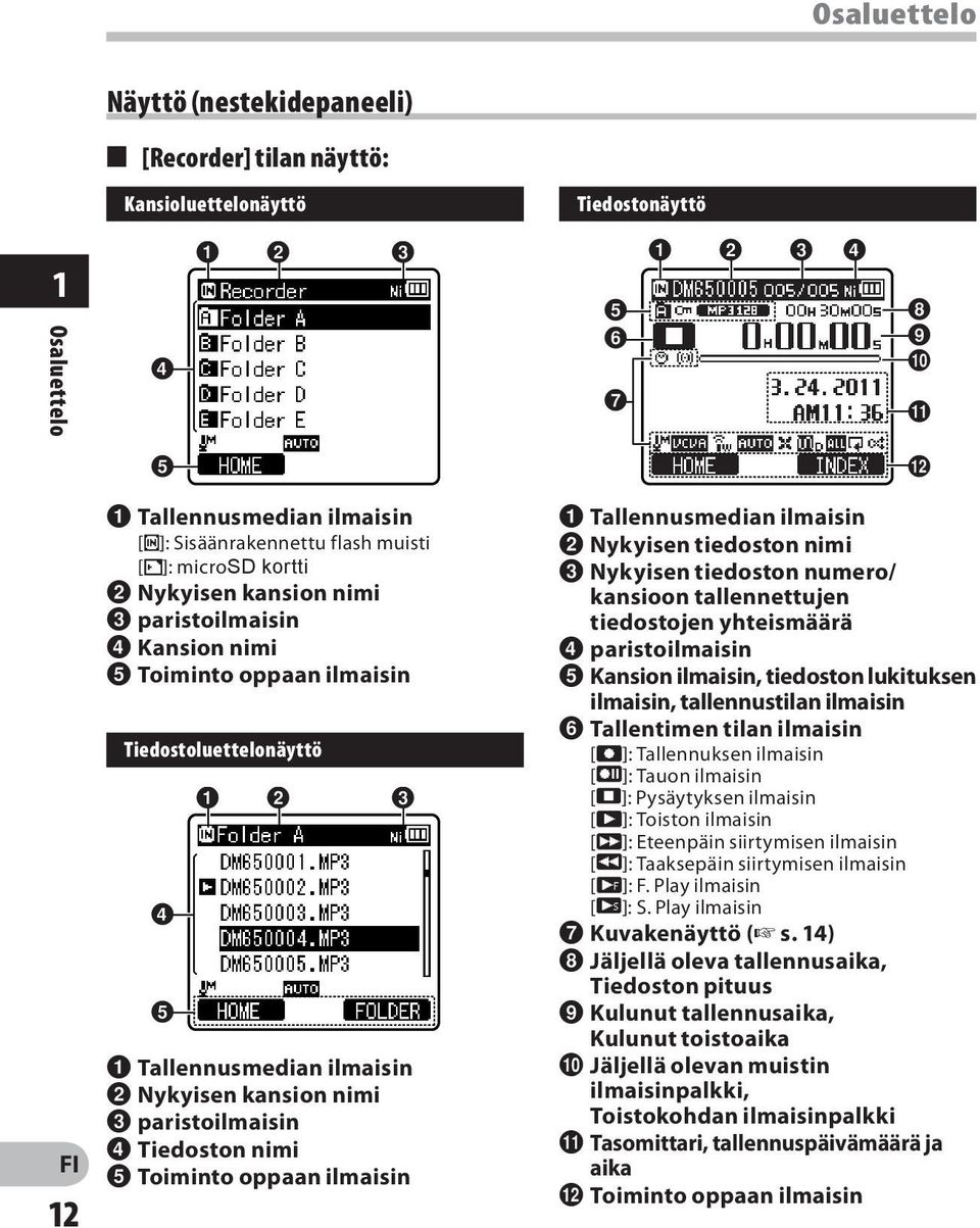 1 2 3 1 Tallennusmedian ilmaisin 2 Nykyisen kansion nimi 3 paristoilmaisin 4 Tiedoston nimi 5 Toiminto oppaan ilmaisin 1 Tallennusmedian ilmaisin 2 Nykyisen tiedoston nimi 3 Nykyisen tiedoston