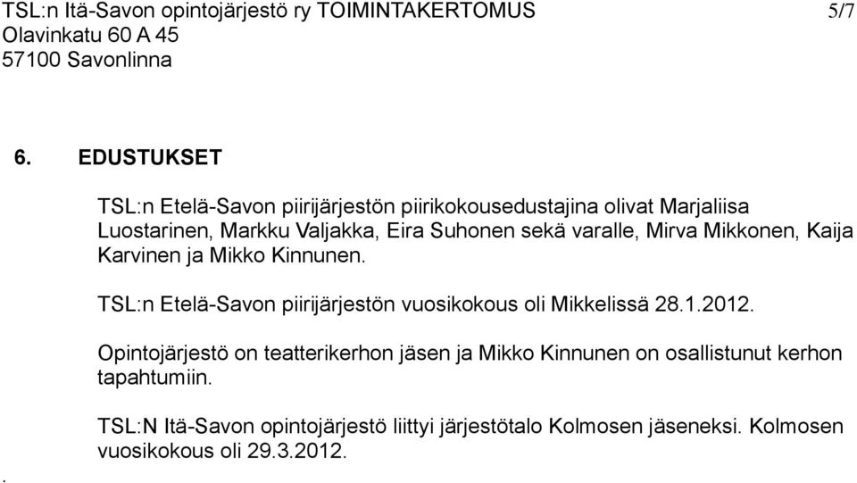 sekä varalle, Mirva Mikkonen, Kaija Karvinen ja Mikko Kinnunen. TSL:n Etelä-Savon piirijärjestön vuosikokous oli Mikkelissä 28.1.