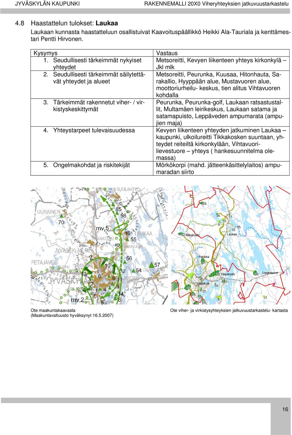 Tärkeimmät rakennetut viher- / virkistyskeskittymät Vastaus Metsoreitti, Kevyen liikenteen yhteys kirkonkylä Jkl mlk Metsoreitti, Peurunka, Kuusaa, Hitonhauta, Sarakallio, Hyyppään alue, Mustavuoren