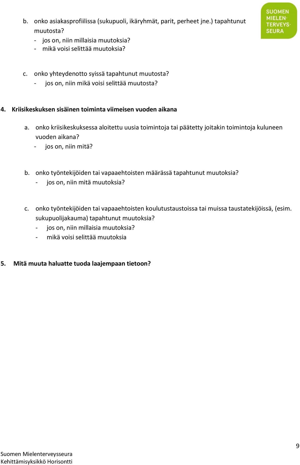 onko kriisikeskuksessa aloitettu uusia toimintoja tai päätetty joitakin toimintoja kuluneen vuoden aikana? - jos on, niin mitä? b. onko työntekijöiden tai vapaaehtoisten määrässä tapahtunut muutoksia?