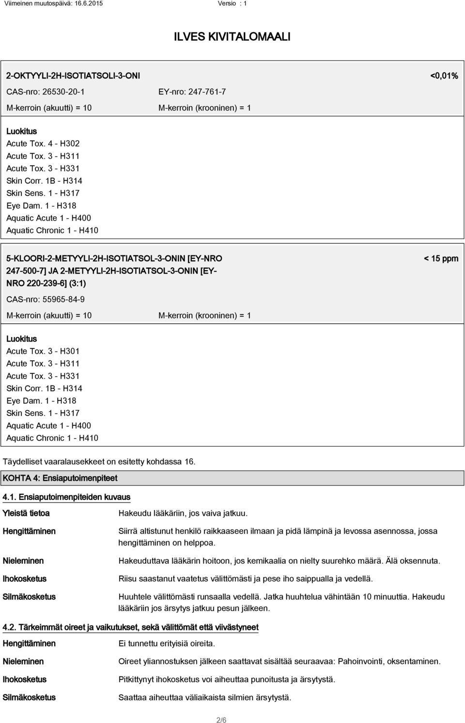 1 - H318 Aquatic Acute 1 - H400 Aquatic Chronic 1 - H410 5-KLOORI-2-METYYLI-2H-ISOTIATSOL-3-ONIN [EY-NRO 247-500-7] JA 2-METYYLI-2H-ISOTIATSOL-3-ONIN [EY- NRO 220-239-6] (3:1) < 15 ppm CAS-nro: