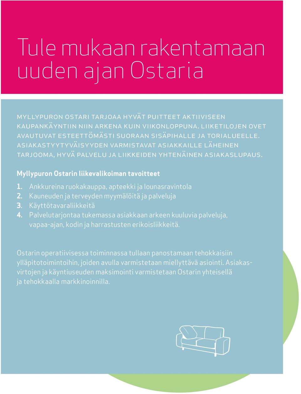 Ostarin liikevalikoiman tavoitteet. Ankkureina ruokakauppa, apteekki ja lounasravintola. Kauneuden ja terveyden myymälöitä ja palveluja. Käyttötavaraliikkeitä.