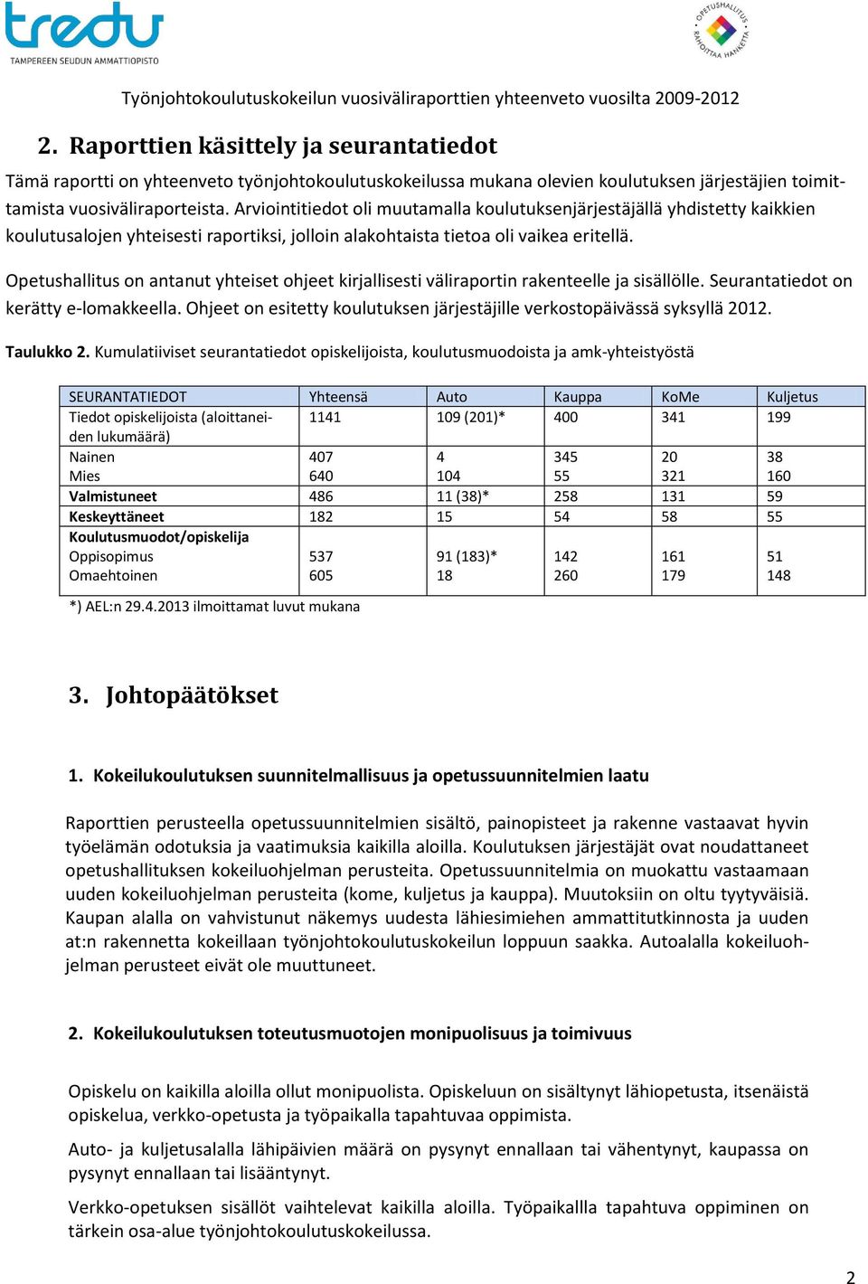 Arviointitiedot oli muutamalla koulutuksenjärjestäjällä yhdistetty kaikkien koulutusalojen yhteisesti raportiksi, jolloin alakohtaista tietoa oli vaikea eritellä.