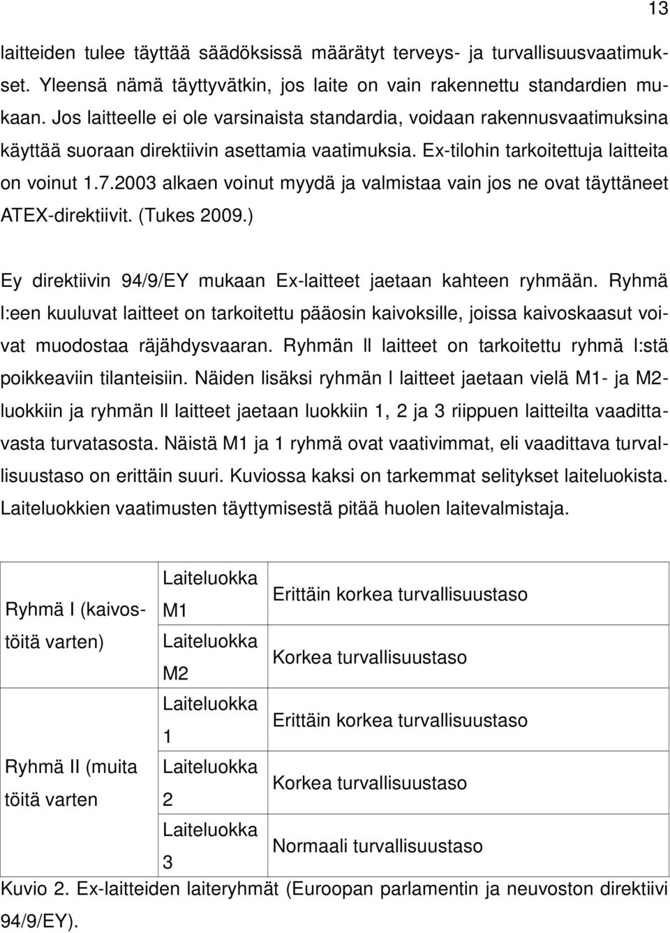 2003 alkaen voinut myydä ja valmistaa vain jos ne ovat täyttäneet ATEX-direktiivit. (Tukes 2009.) Ey direktiivin 94/9/EY mukaan Ex-laitteet jaetaan kahteen ryhmään.