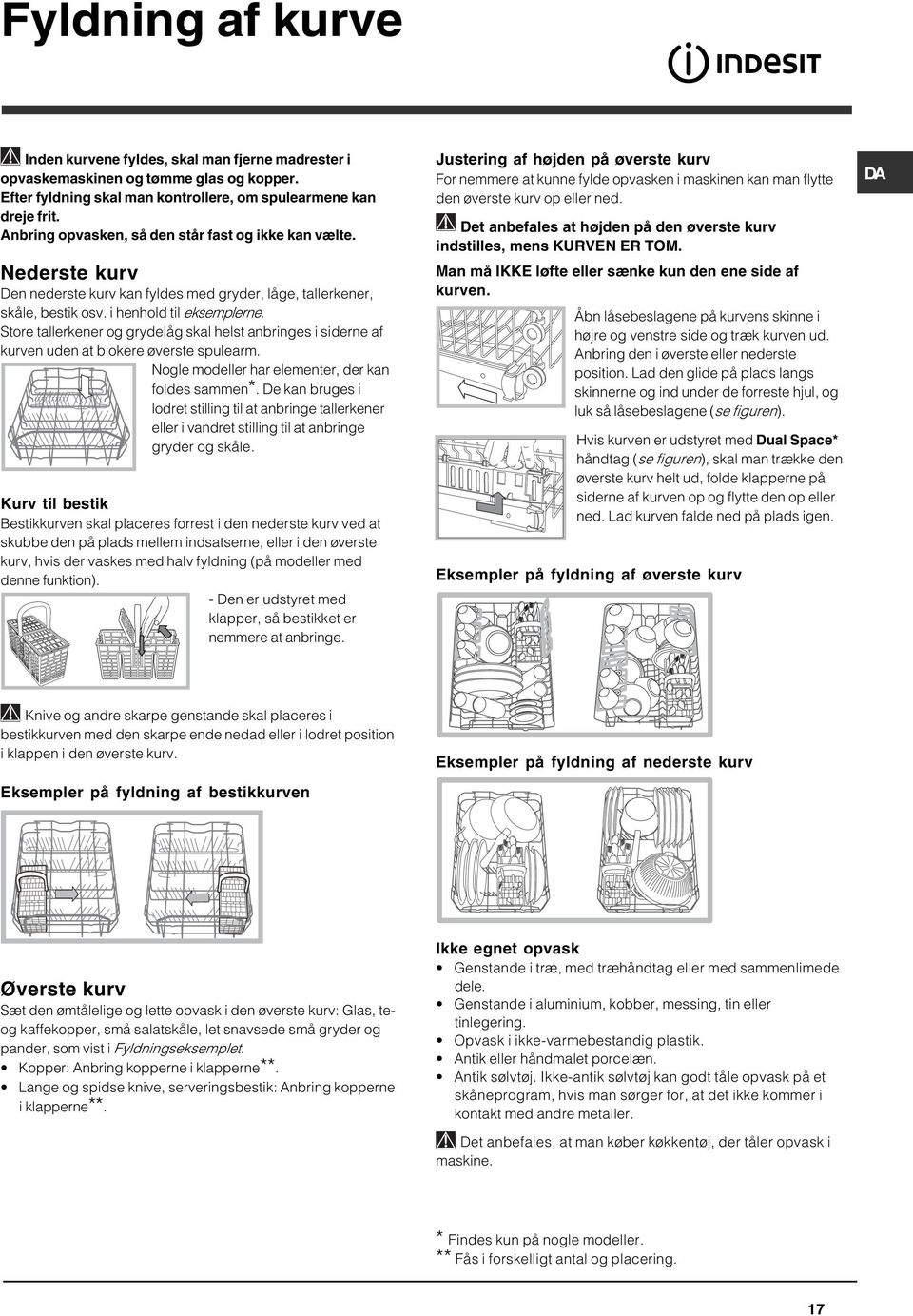 Store tallerkener og grydelåg skal helst anbringes i siderne af kurven uden at blokere øverste spulearm. Nogle modeller har elementer, der kan foldes sammen*.