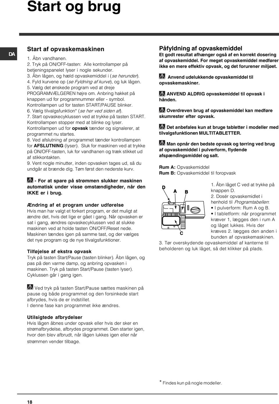 Anbring hakket på knappen ud for programnummer eller - symbol. Kontrollampen ud for tasten START/PAUSE blinker. 6. Vælg tilvalgsfunktion* (se her ved siden af). 7.