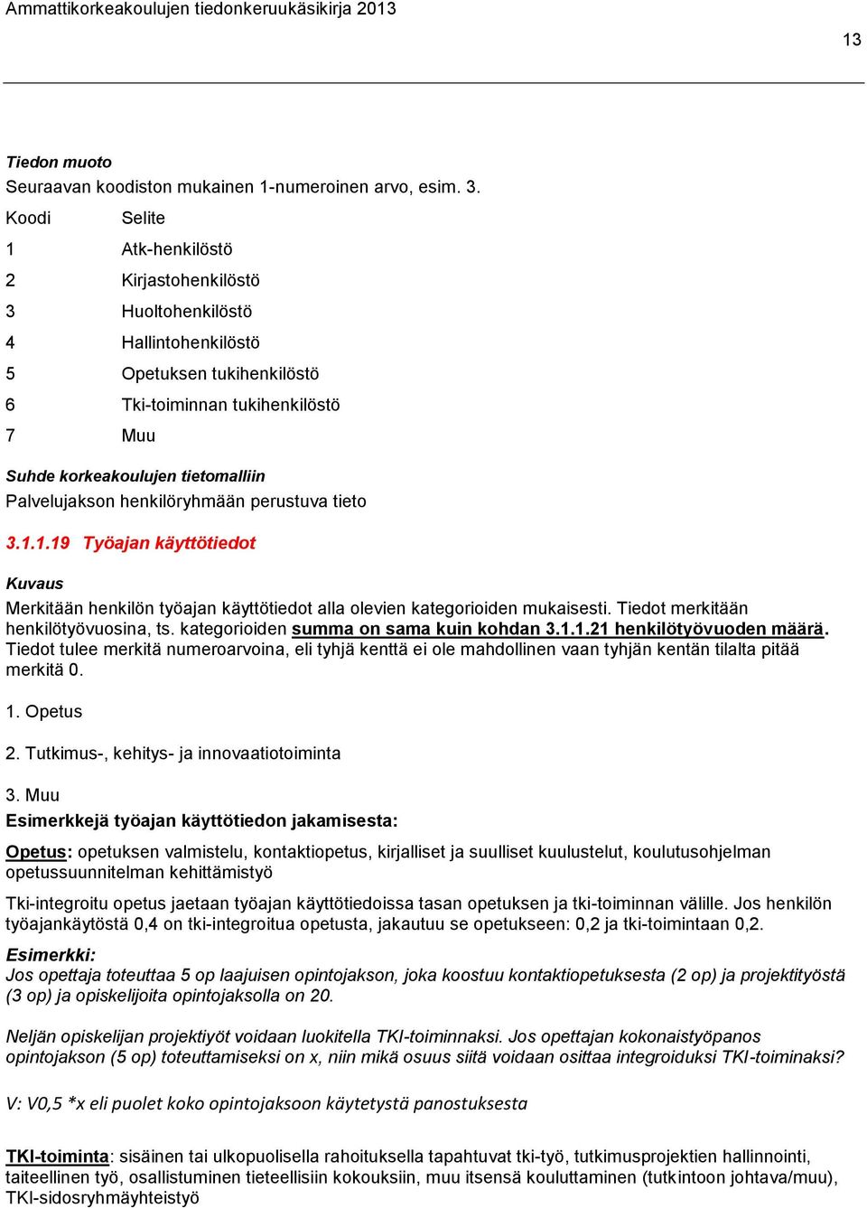 3.1.1.19 Työajan käyttötiedot Merkitään henkilön työajan käyttötiedot alla olevien kategorioiden mukaisesti. Tiedot merkitään henkilötyövuosina, ts. kategorioiden summa on sama kuin kohdan 3.1.1.21 henkilötyövuoden määrä.