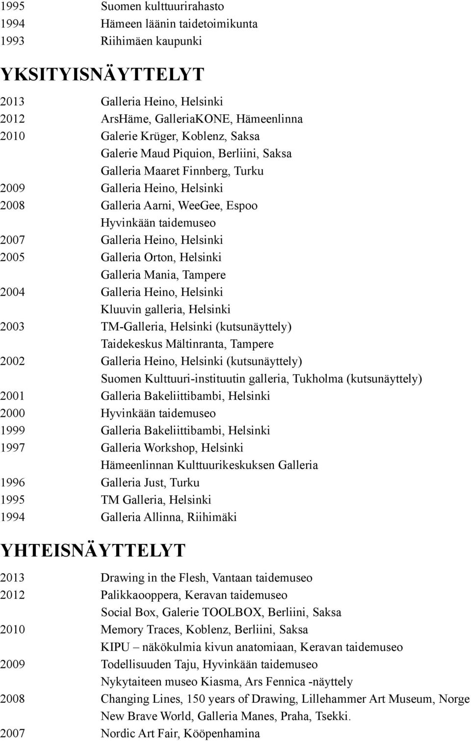 Helsinki 2005 Galleria Orton, Helsinki Galleria Mania, Tampere 2004 Galleria Heino, Helsinki Kluuvin galleria, Helsinki 2003 TM-Galleria, Helsinki (kutsunäyttely) Taidekeskus Mältinranta, Tampere