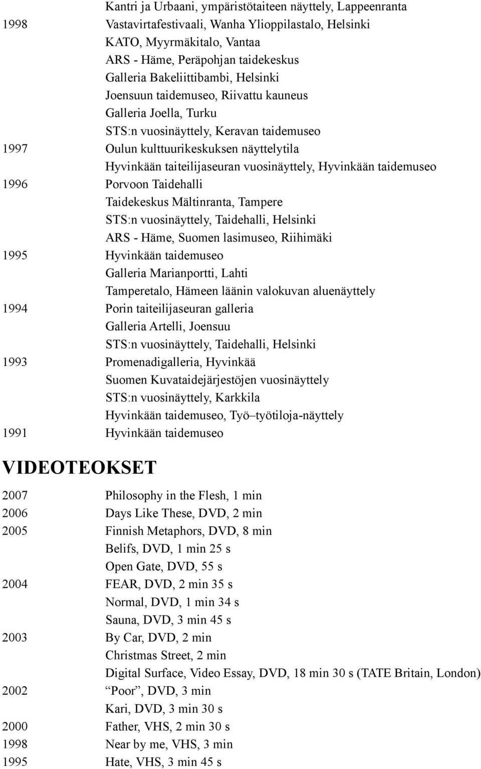 vuosinäyttely, Hyvinkään taidemuseo 1996 Porvoon Taidehalli Taidekeskus Mältinranta, Tampere STS:n vuosinäyttely, Taidehalli, Helsinki ARS - Häme, Suomen lasimuseo, Riihimäki 1995 Hyvinkään