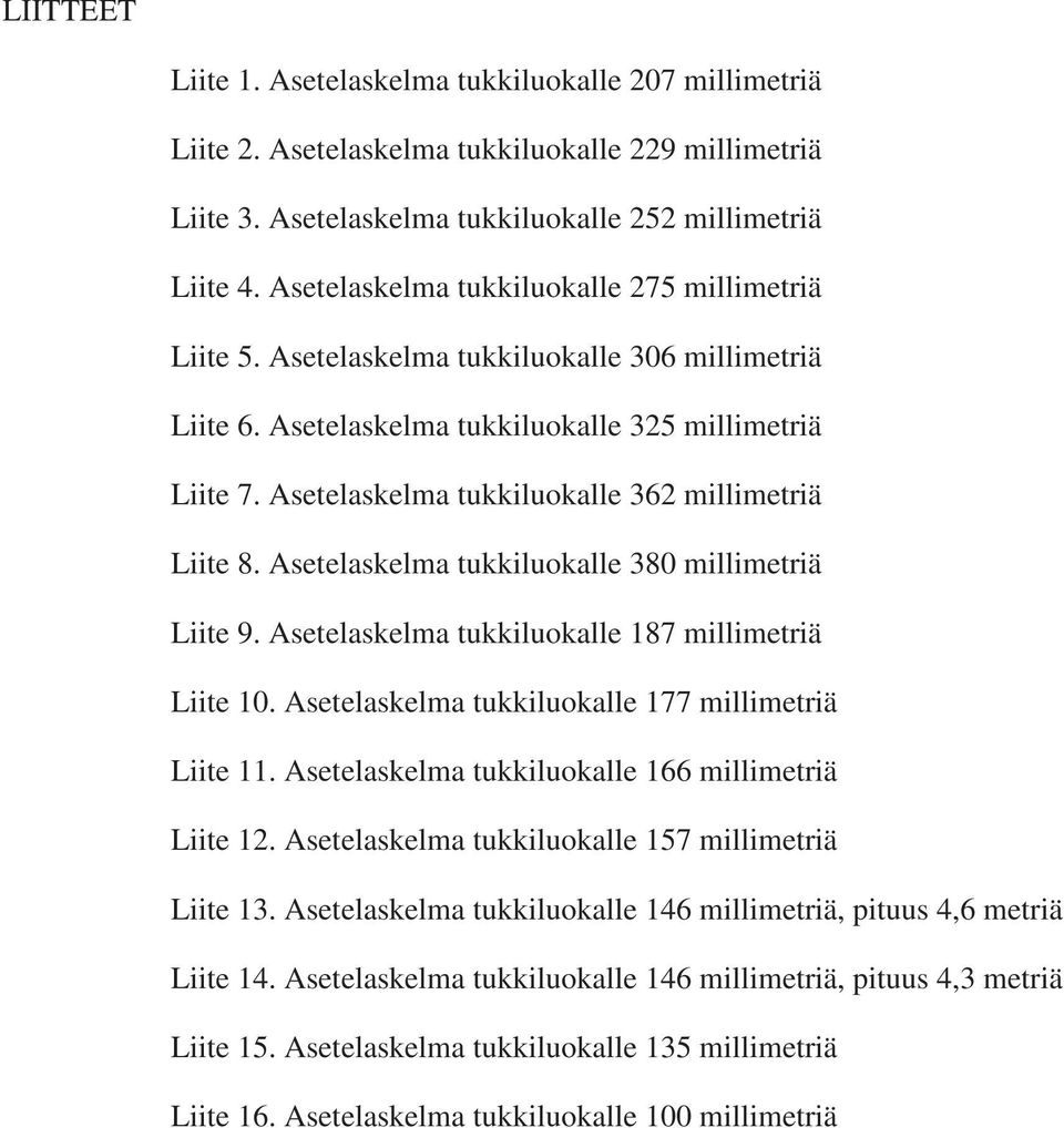 Asetelaskelma tukkiluokalle 362 millimetriä Liite 8. Asetelaskelma tukkiluokalle 380 millimetriä Liite 9. Asetelaskelma tukkiluokalle 187 millimetriä Liite 10.