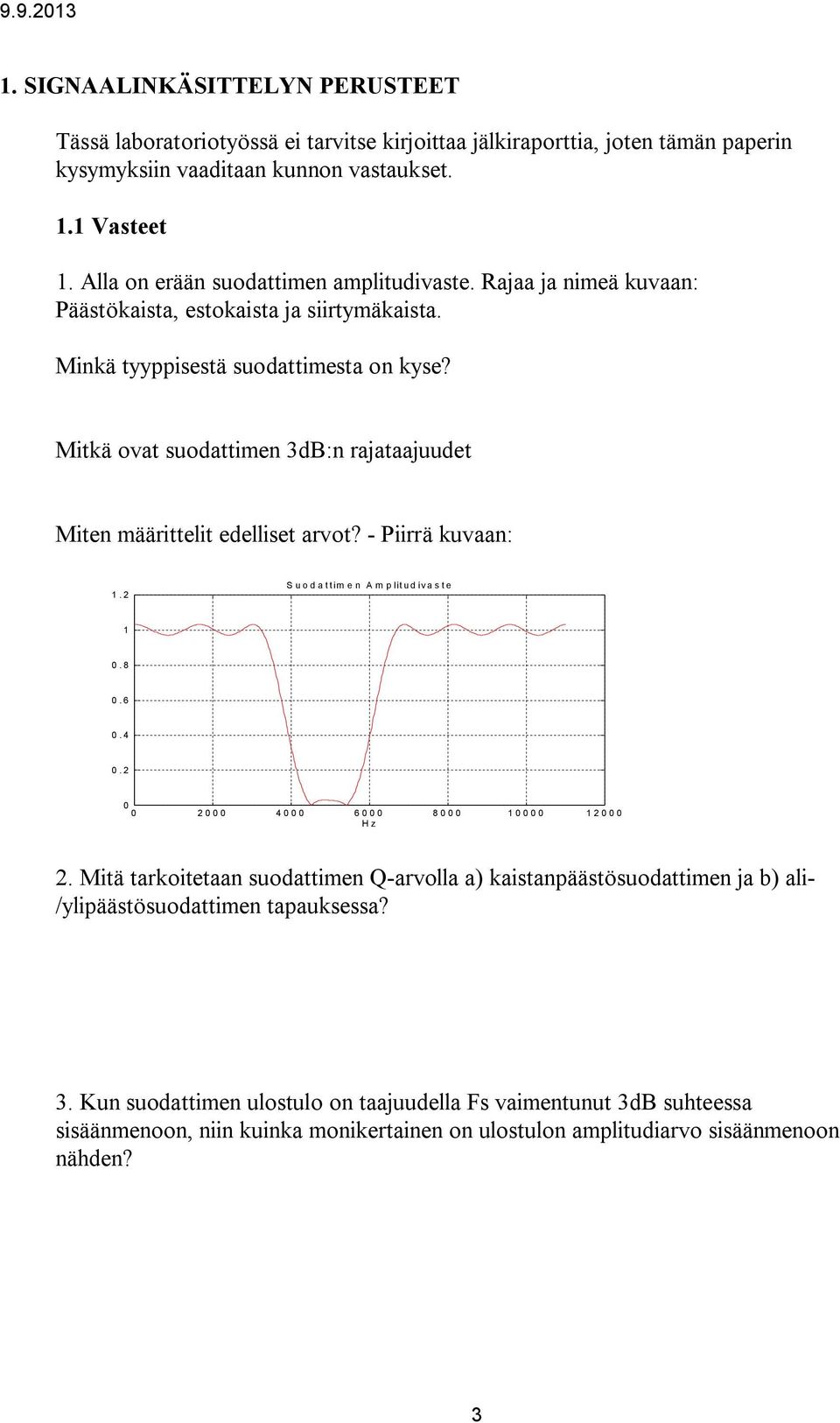 Mitkä ovat suodattimen 3dB:n rajataajuudet Miten määrittelit edelliset arvot? - Piirrä kuvaan: 1.2 Suodattimen Amplitudivaste 1 0.8 0.6 0.4 0.2 0 0 2000 4000 6000 8000 10000 12000 Hz 2.