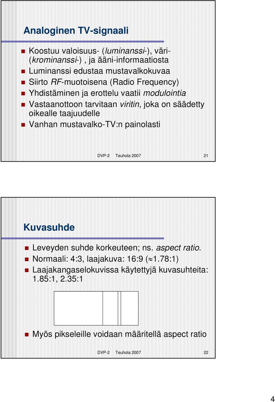 taajuudelle Vanhan mustavalko-tv:n painolasti DVP-2 Teuhola 2007 21 Kuvasuhde Leveyden suhde korkeuteen; ns. aspect ratio.