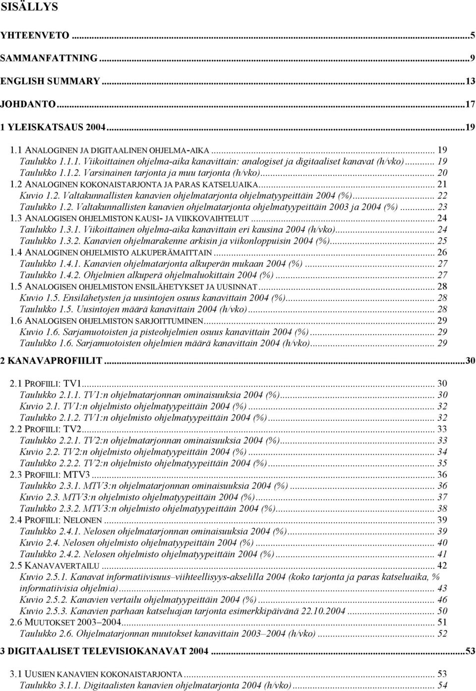 .. 22 Taulukko 1.2. Valtakunnallisten kanavien ohjelmatarjonta ohjelmatyypeittäin 2003 ja 2004 (%)... 23 1.3 ANALOGISEN OHJELMISTON KAUSI- JA VIIKKOVAIHTELUT... 24 Taulukko 1.3.1. Viikoittainen ohjelma-aika kanavittain eri kausina 2004 (h/vko).