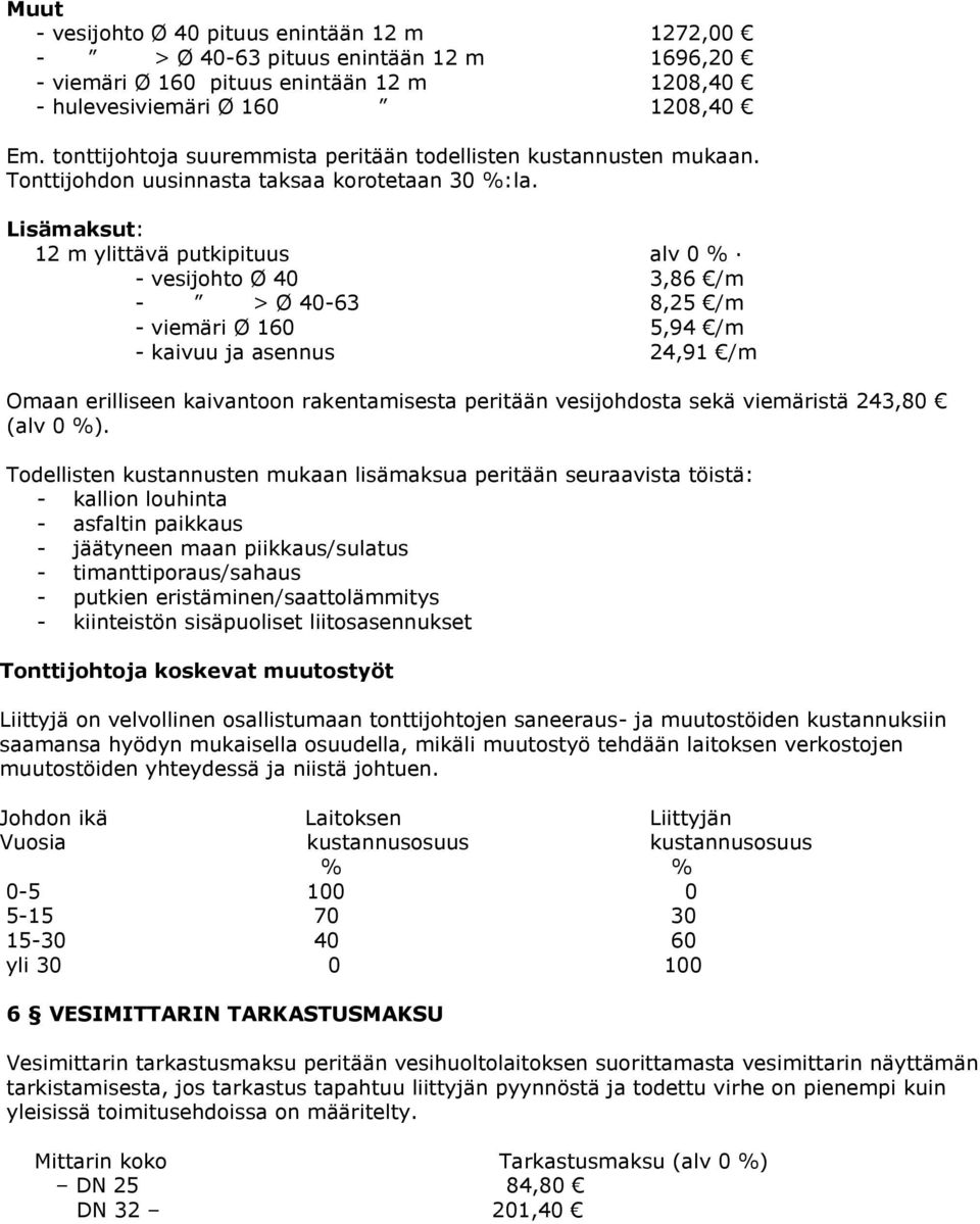 Lisämaksut: 12 m ylittävä putkipituus alv 0 % - vesijohto Ø 40 3,86 /m - > Ø 40-63 8,25 /m - viemäri Ø 160 5,94 /m - kaivuu ja asennus 24,91 /m Omaan erilliseen kaivantoon rakentamisesta peritään