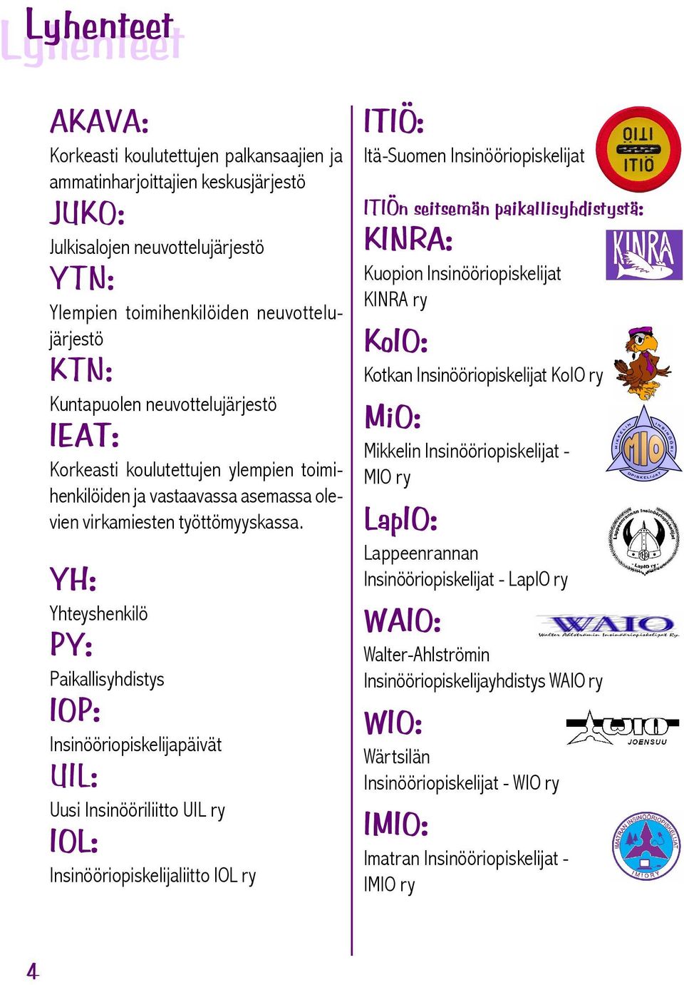 YH: Yhteyshenkilö PY: Paikallisyhdistys IOP: Insinööriopiskelijapäivät UIL: Uusi Insinööriliitto UIL ry IOL: Insinööriopiskelijaliitto IOL ry ITIÖ: Itä-Suomen Insinööriopiskelijat ITIÖn seitsemän