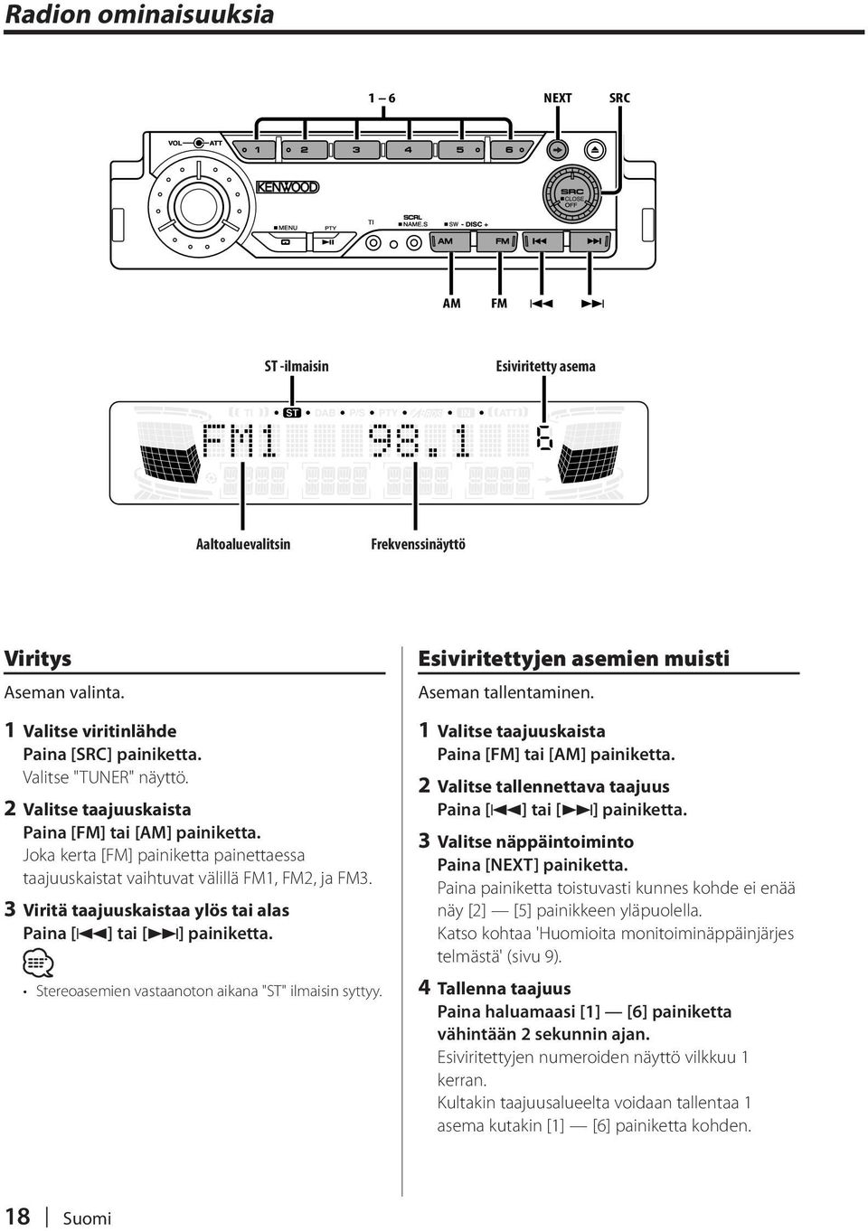 3 Viritä taajuuskaistaa ylös tai alas Paina [4] tai [ ] painiketta. Stereoasemien vastaanoton aikana "ST" ilmaisin syttyy. Esiviritettyjen asemien muisti Aseman tallentaminen.