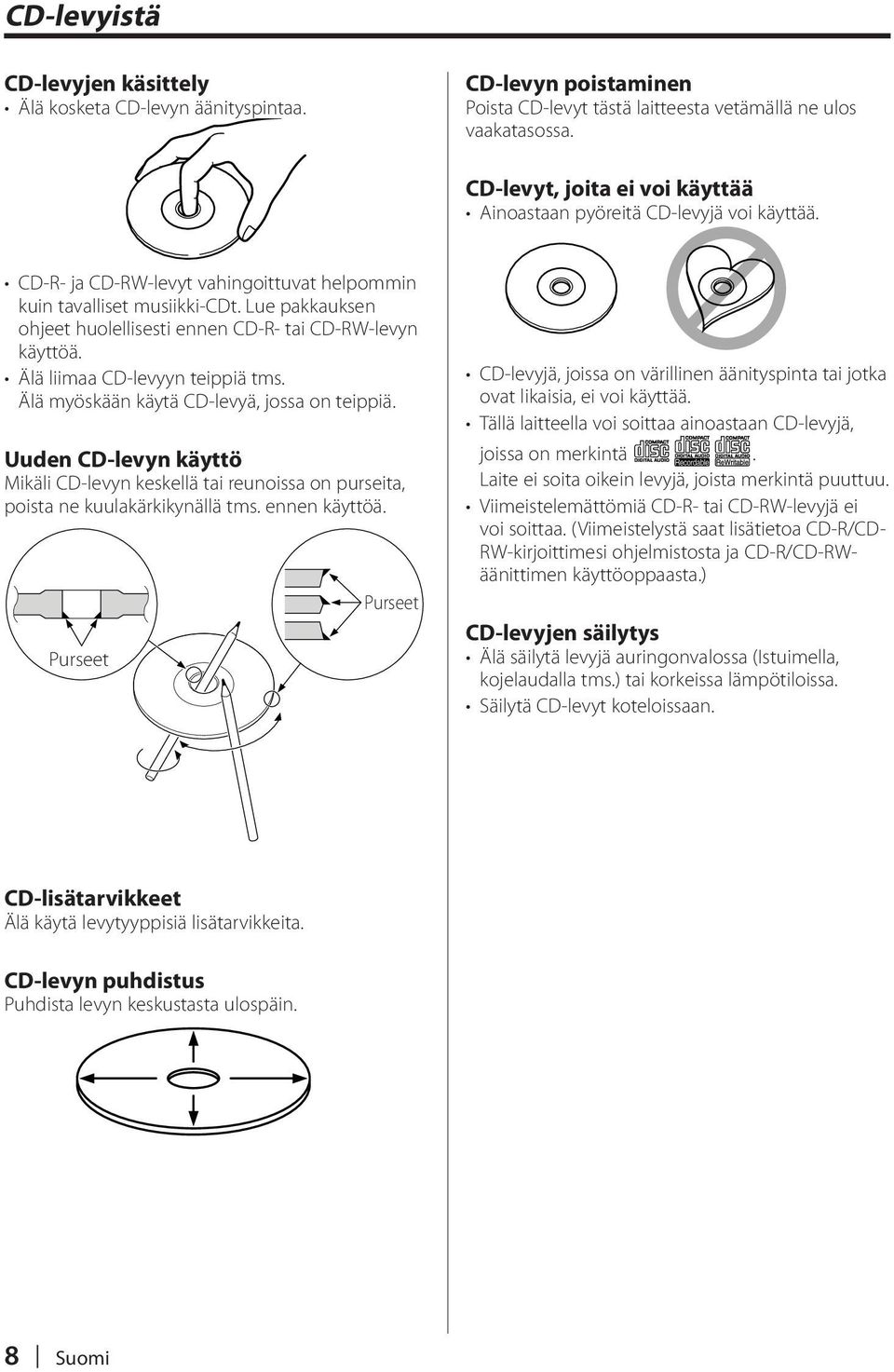 Lue pakkauksen ohjeet huolellisesti ennen CD-R- tai CD-RW-levyn käyttöä. Älä liimaa CD-levyyn teippiä tms. Älä myöskään käytä CD-levyä, jossa on teippiä.