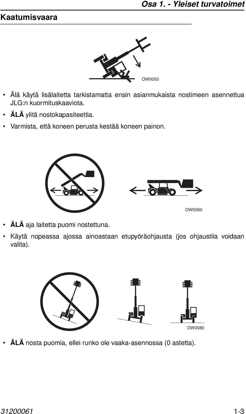 JLG:n kuormituskaaviota. ÄLÄ ylitä nostokapasiteettia. Varmista, että koneen perusta kestää koneen painon.