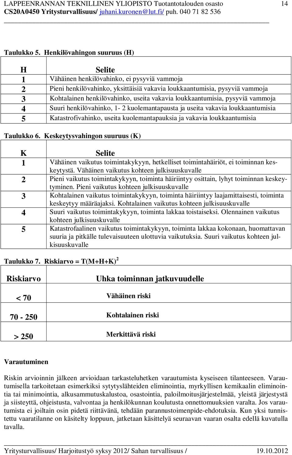 vakavia loukkaantumisia, pysyviä vammoja 4 Suuri henkilövahinko, 1-2 kuolemantapausta ja useita vakavia loukkaantumisia 5 Katastrofivahinko, useita kuolemantapauksia ja vakavia loukkaantumisia