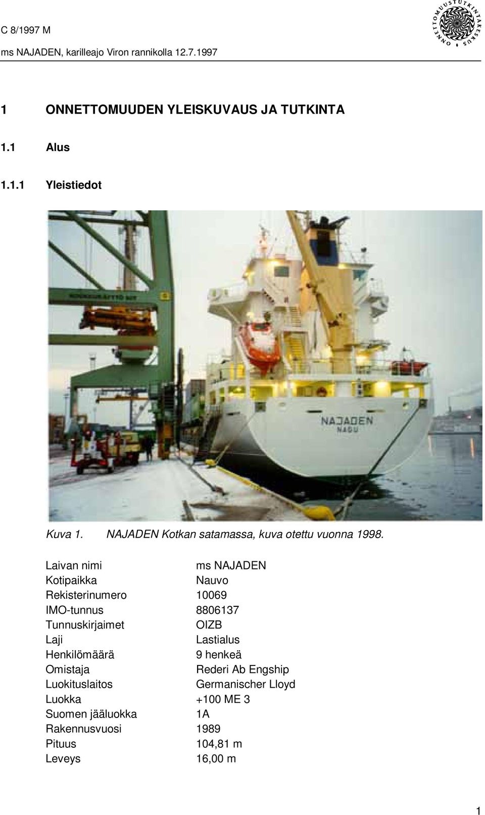 Laivan nimi ms NAJADEN Kotipaikka Nauvo Rekisterinumero 10069 IMO-tunnus 8806137 Tunnuskirjaimet OIZB