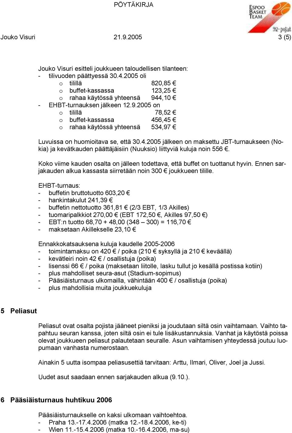 4.2005 jälkeen on maksettu JBT-turnaukseen (Nokia) ja kevätkauden päättäjäisiin (Nuuksio) liittyviä kuluja noin 556. Koko viime kauden osalta on jälleen todettava, että buffet on tuottanut hyvin.