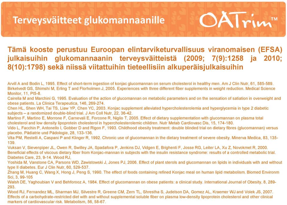 Am J Clin Nutr, 61, 585-589. Birketvedt GS, Shimshi M, Erling T and Florholmen J, 2005. Experiences with three different fiber supplements in weight reduction. Medical Science Monitor, 11, PI5-8.