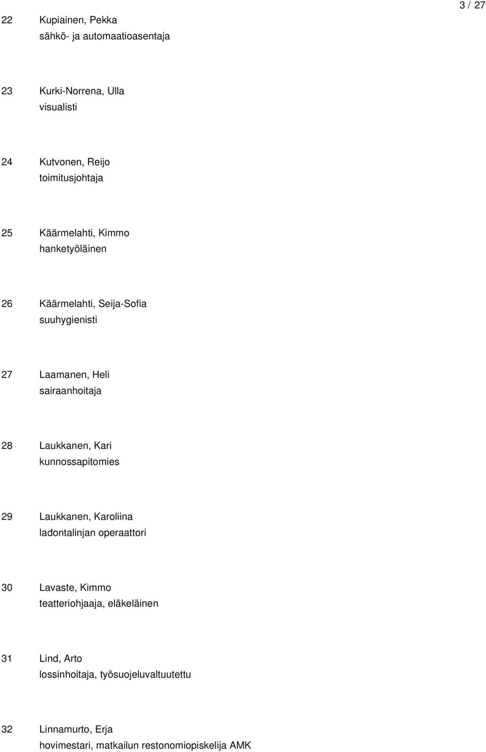 sairaanhoitaja 28 Laukkanen, Kari kunnossapitomies 29 Laukkanen, Karoliina ladontalinjan operaattori 30 Lavaste, Kimmo
