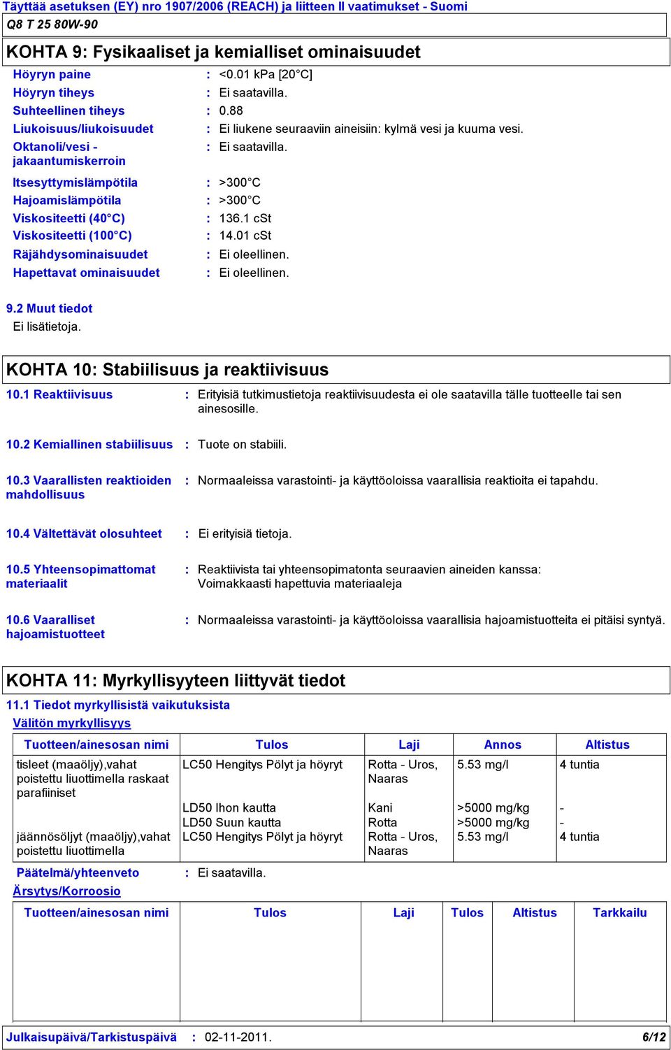 01 kpa [20 C] 0.88 Ei liukene seuraaviin aineisiin kylmä vesi ja kuuma vesi. >300 C >300 C 136.1 cst 14.01 cst 9.2 Muut tiedot Ei lisätietoja. KOHTA 10 Stabiilisuus ja reaktiivisuus 10.