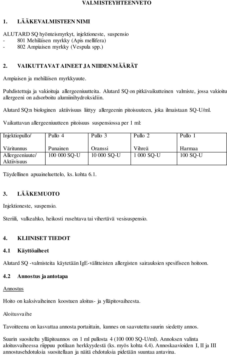 Alutard SQ on pitkävaikutteinen valmiste, jossa vakioitu allergeeni on adsorboitu alumiinihydroksidiin. Alutard SQ:n biologinen aktiivisuus liittyy allergeenin pitoisuuteen, joka ilmaistaan SQ-U/ml.