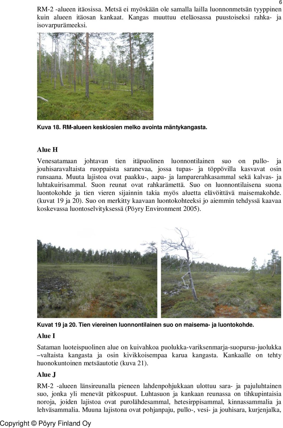 Alue H Venesatamaan johtavan tien itäpuolinen luonnontilainen suo on pullo- ja jouhisaravaltaista ruoppaista saranevaa, jossa tupas- ja töppövilla kasvavat osin runsaana.