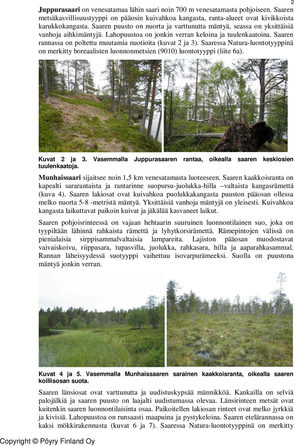 Saaren rannassa on poltettu muutamia nuotioita (kuvat 2 ja 3). Saaressa Natura-luontotyyppinä on merkitty boreaalisten luonnonmetsien (9010) luontotyyppi (liite 6a). 2 Kuvat 2 ja 3.