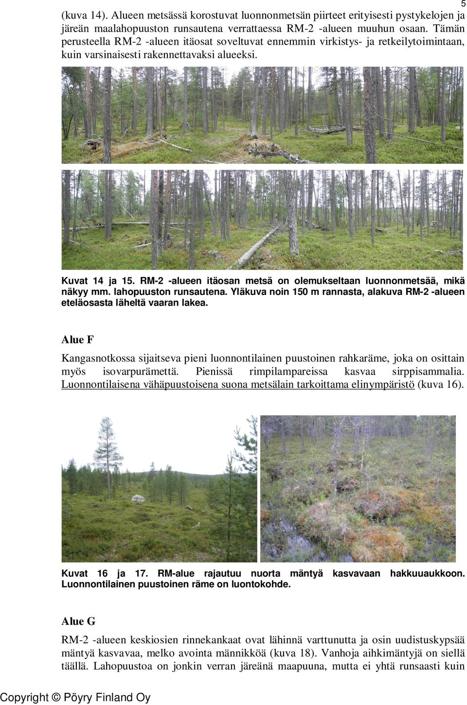 RM-2 -alueen itäosan metsä on olemukseltaan luonnonmetsää, mikä näkyy mm. lahopuuston runsautena. Yläkuva noin 150 m rannasta, alakuva RM-2 -alueen eteläosasta läheltä vaaran lakea.