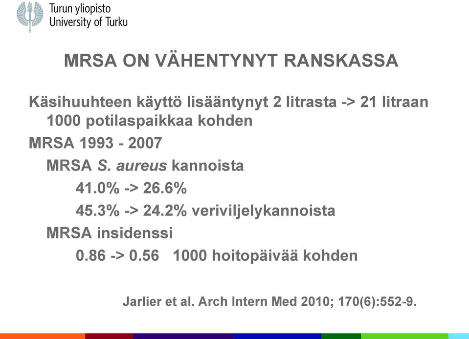 aureus kannoista 41.0% -> 26.6% 45.3% -> 24.