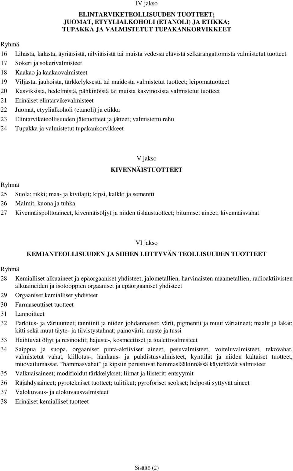 Kasviksista, hedelmistä, pähkinöistä tai muista kasvinosista valmistetut tuotteet 21 Erinäiset elintarvikevalmisteet 22 Juomat, etyylialkoholi (etanoli) etikka 23 Elintarviketeollisuuden jätetuotteet