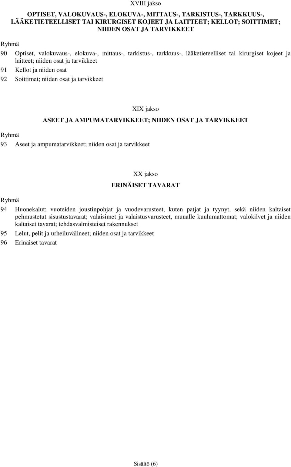 ASEET JA AMPUMATARVIKKEET; NIIDEN OSAT JA TARVIKKEET Ryhmä 93 Aseet ampumatarvikkeet; niiden osat tarvikkeet XX kso ERINÄISET TAVARAT Ryhmä 94 Huonekalut; vuoteiden joustinpoht vuodevarusteet, kuten