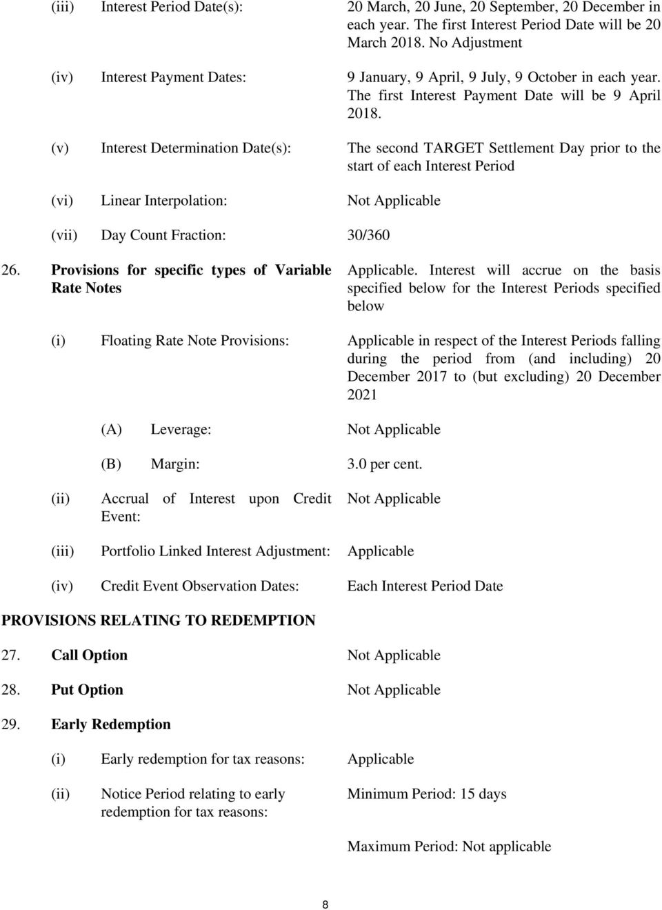 (v) Interest Determination Date(s): The second TARGET Settlement Day prior to the start of each Interest Period (vi) Linear Interpolation: (vii) Day Count Fraction: 30/360 26.