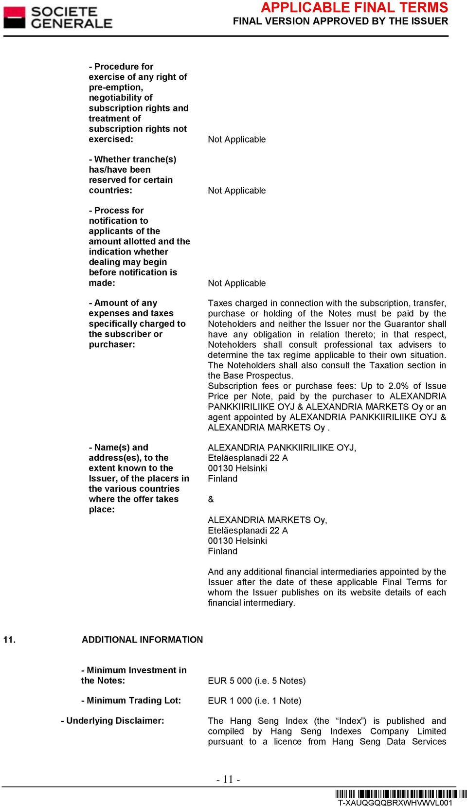 charged to the subscriber or purchaser: - Name(s) and address(es), to the extent known to the Issuer, of the placers in the various countries where the offer takes place: Taxes charged in connection