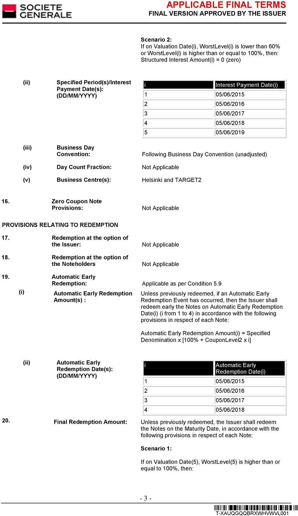 (iv) Day Count Fraction: (v) Business Centre(s): Helsinki and TARGET2 16. Zero Coupon Note Provisions: PROVISIONS RELATING TO REDEMPTION 17. Redemption at the option of the Issuer: 18.