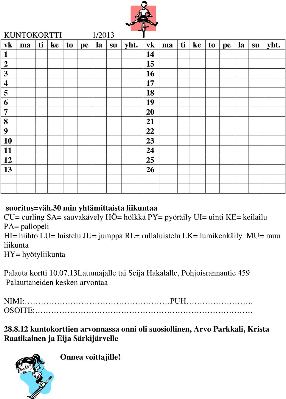 rullaluistelu LK= lumikenkäily MU= muu liikunta HY= hyötyliikunta Palauta kortti 10.07.
