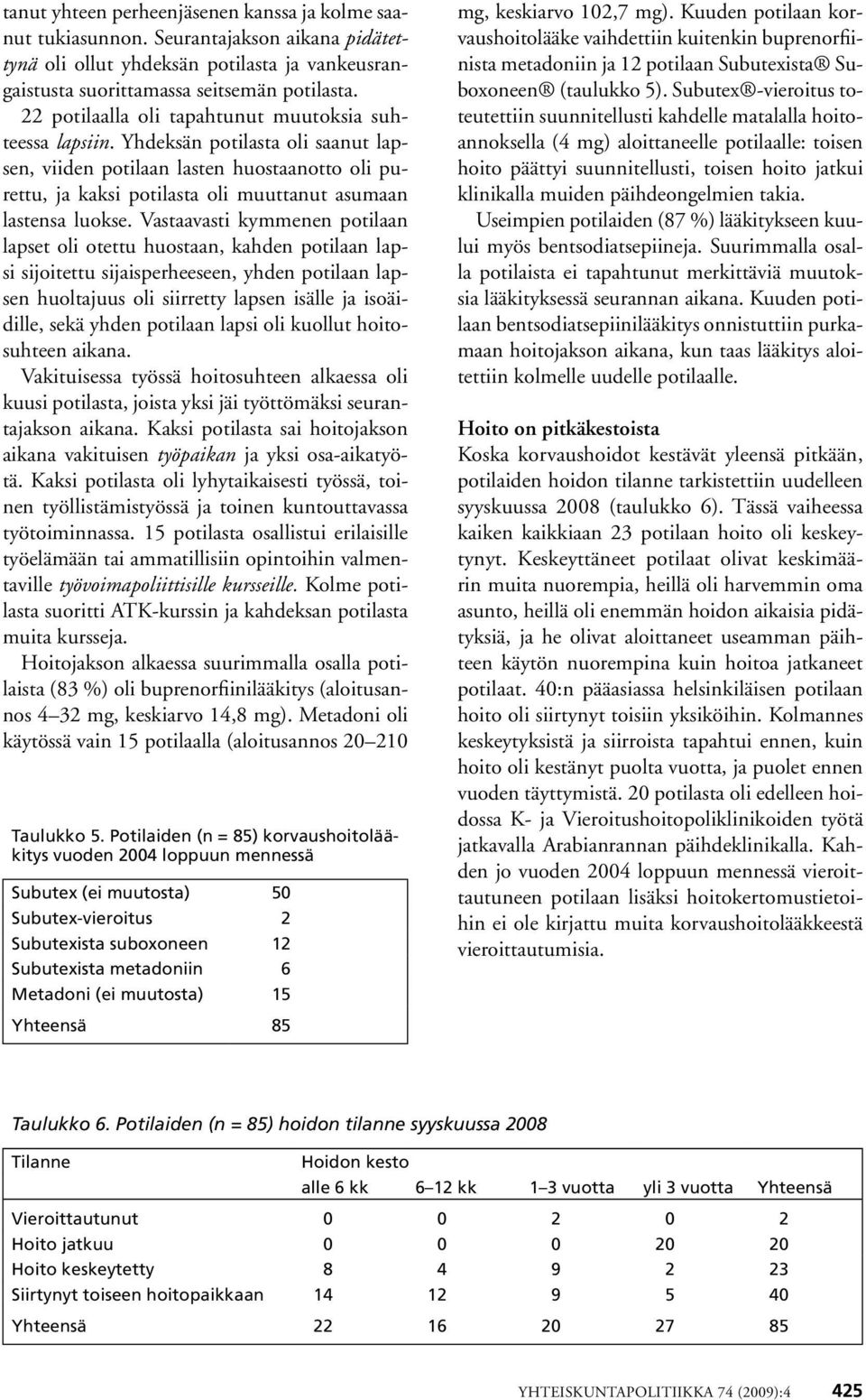 Yhdeksän potilasta oli saanut lapsen, viiden potilaan lasten huostaanotto oli purettu, ja kaksi potilasta oli muuttanut asumaan lastensa luokse.