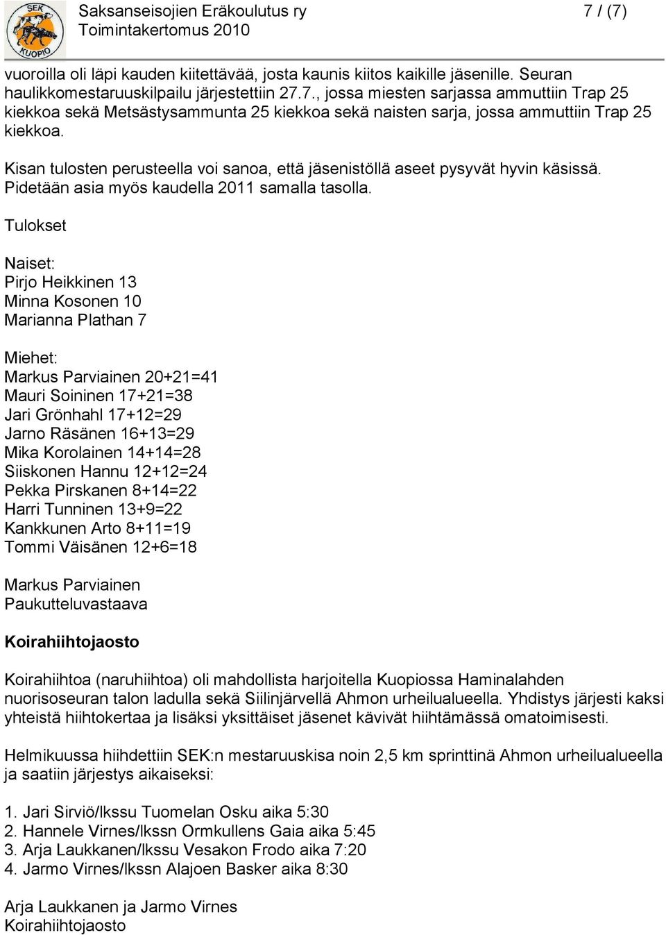 Tulokset Naiset: Pirjo Heikkinen 13 Minna Kosonen 10 Marianna Plathan 7 Miehet: Markus Parviainen 20+21=41 Mauri Soininen 17+21=38 Jari Grönhahl 17+12=29 Jarno Räsänen 16+13=29 Mika Korolainen