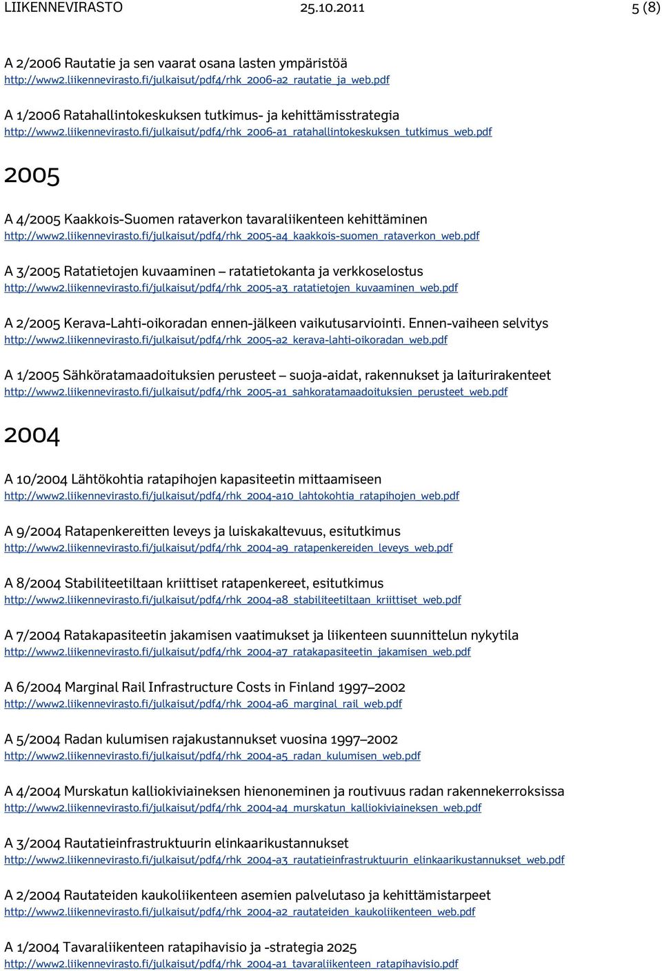 pdf 2005 A 4/2005 Kaakkois-Suomen rataverkon tavaraliikenteen kehittäminen http://www2.liikennevirasto.fi/julkaisut/pdf4/rhk_2005-a4_kaakkois-suomen_rataverkon_web.