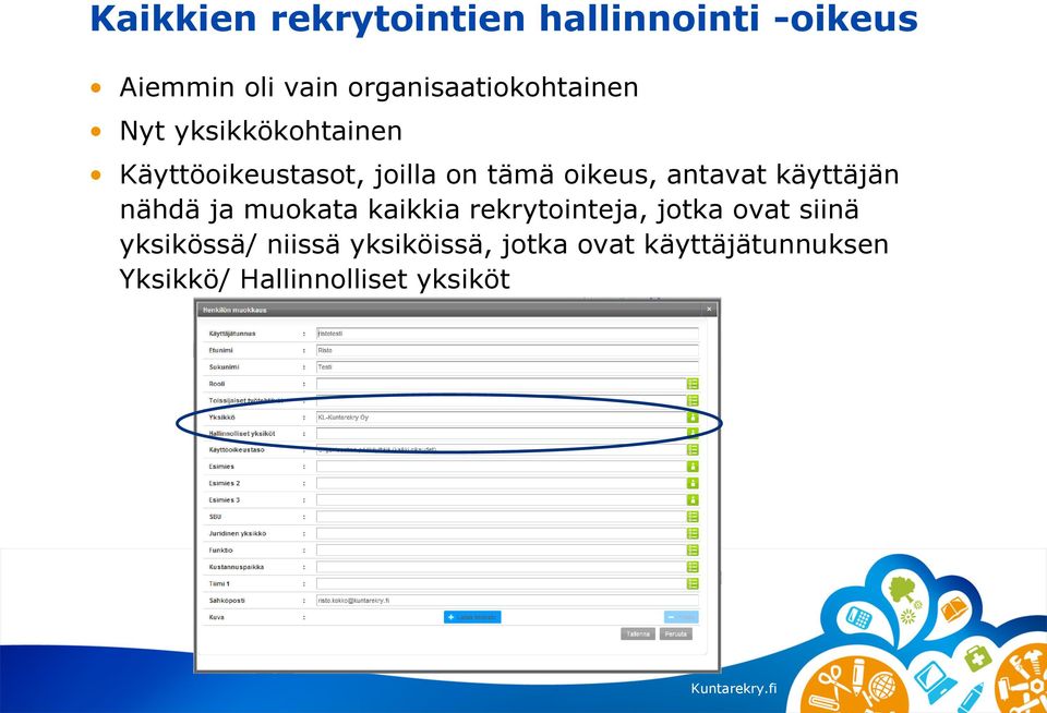 oikeus, antavat käyttäjän nähdä ja muokata kaikkia rekrytointeja, jotka ovat