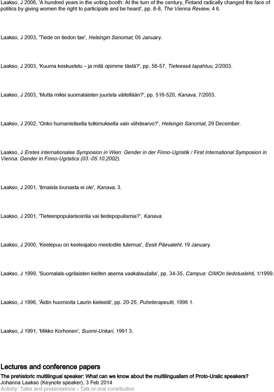 Laakso, J 2003, 'Mutta miksi suomalaisten juurista väitellään?', pp. 516-520, Kanava, 7/2003. Laakso, J 2002, 'Onko humanistisella tutkimuksella vain viihdearvo?', Helsingin Sanomat, 29 December.
