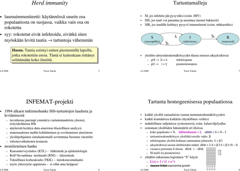 4.2006 Tassu Takala 5 SI, jos infektio jää pysyväksi (esim. HIV) SIS, jos tauti voi parantua ja uusiutua (monet bakteerit) SIR, jos taudille kehittyy pysyvä immuniteetti (esim.