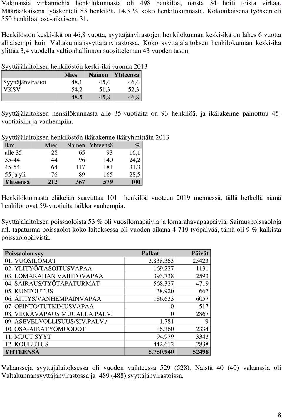 Henkilöstön keski-ikä on 46,8 vuotta, syyttäjänvirastojen henkilökunnan keski-ikä on lähes 6 vuotta alhaisempi kuin Valtakunnansyyttäjänvirastossa.